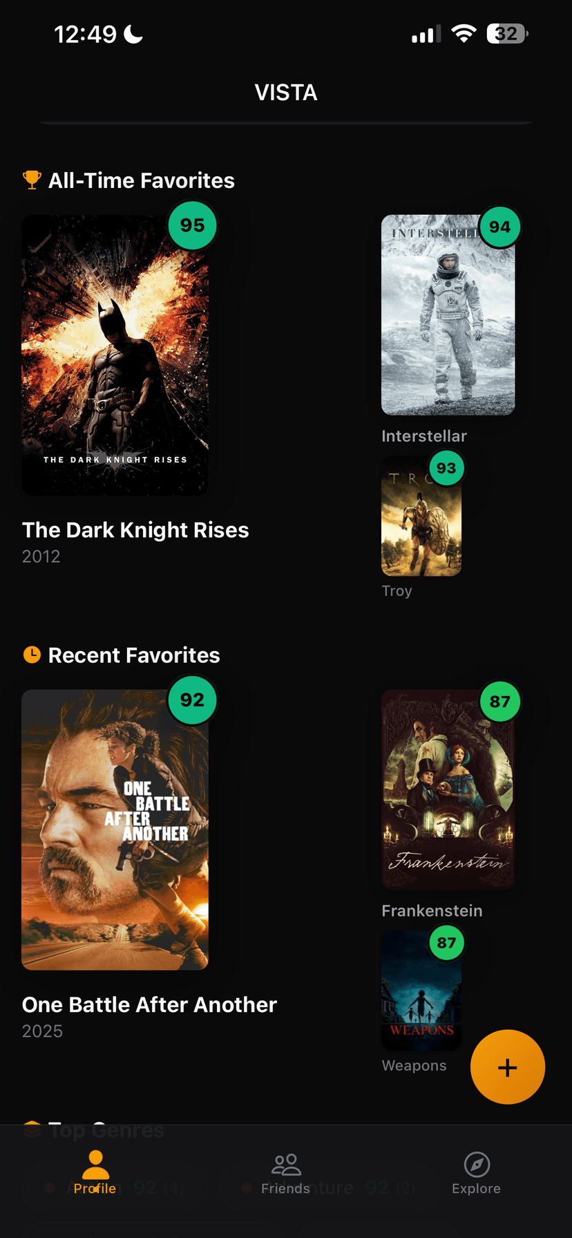 Vista iPhone screenshot showing movie taste profile