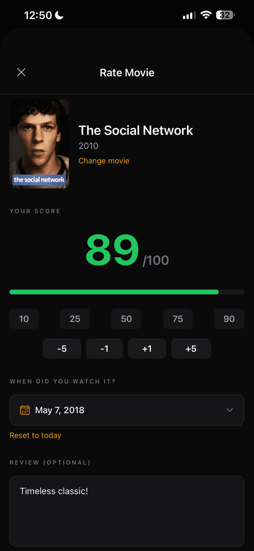 Vista iPhone screenshot showing a movie rating profile